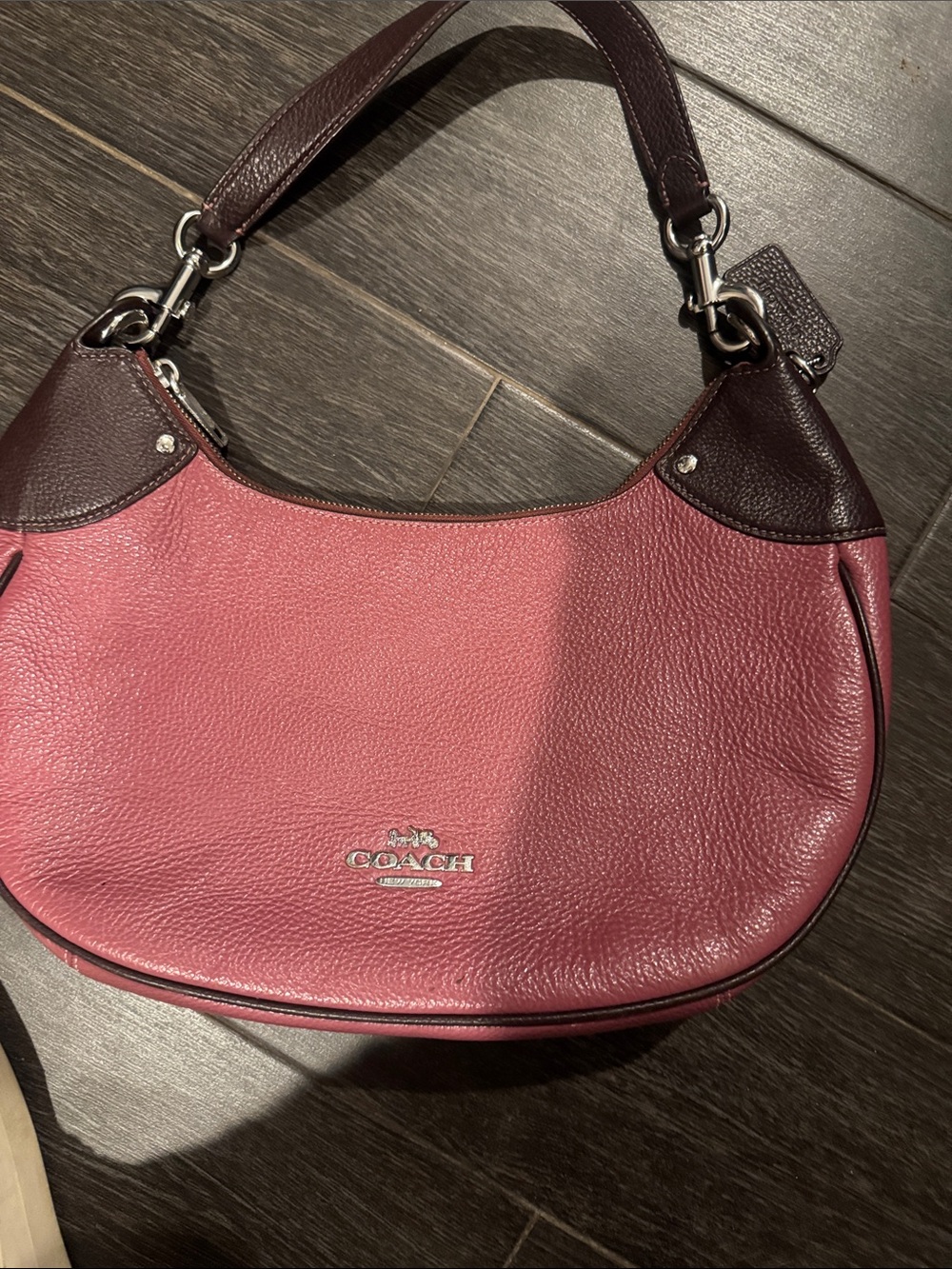 Coach Pink Pebbled Leather Shoulder Hobo with Dark Brown Trim